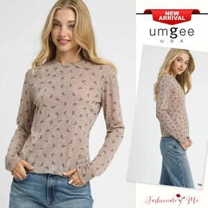 Umgee Bow Print Lettuce Hem Round Neck Long Sleeves Lightweight Knit Top | Taupe